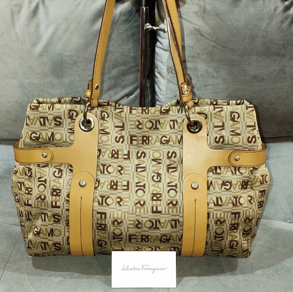 Salvatore Ferragamo Sigaro Monogram Canvas With Tan Leather Tote / Shoulder Bag